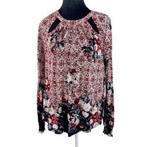Lucky Brand Long Sleeve Knit Top with Cut Outs - Maroon Floral‎ - Size M